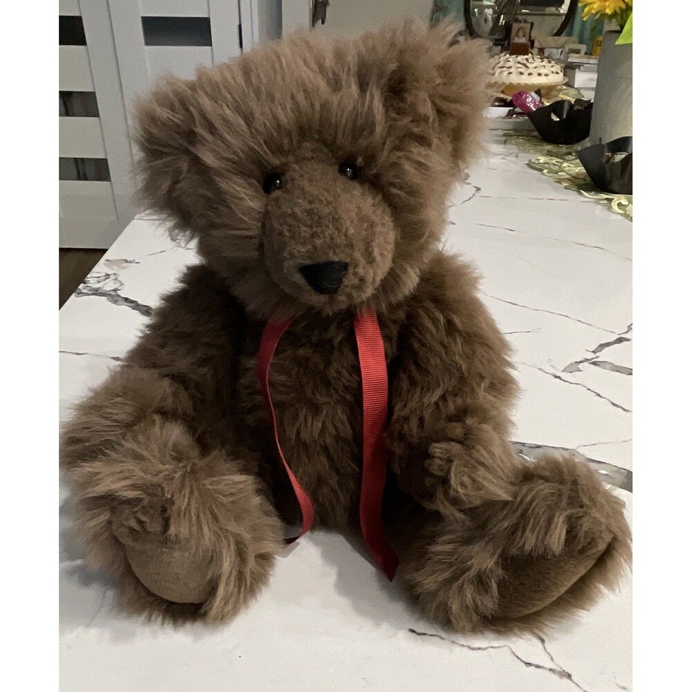 VTG Mary Meyer Brown Plush Teddy Bear Plush Bear with Red Ribbon Black Eyes 1995